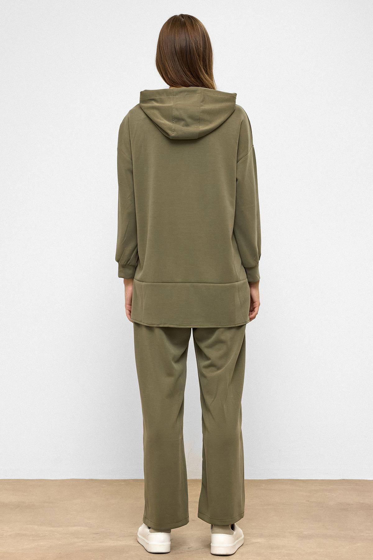 Kapüşonlu Fermuar Aksesuarlı Sweat Pantolon Salaş Modal Takım HAKİ 9382-TK