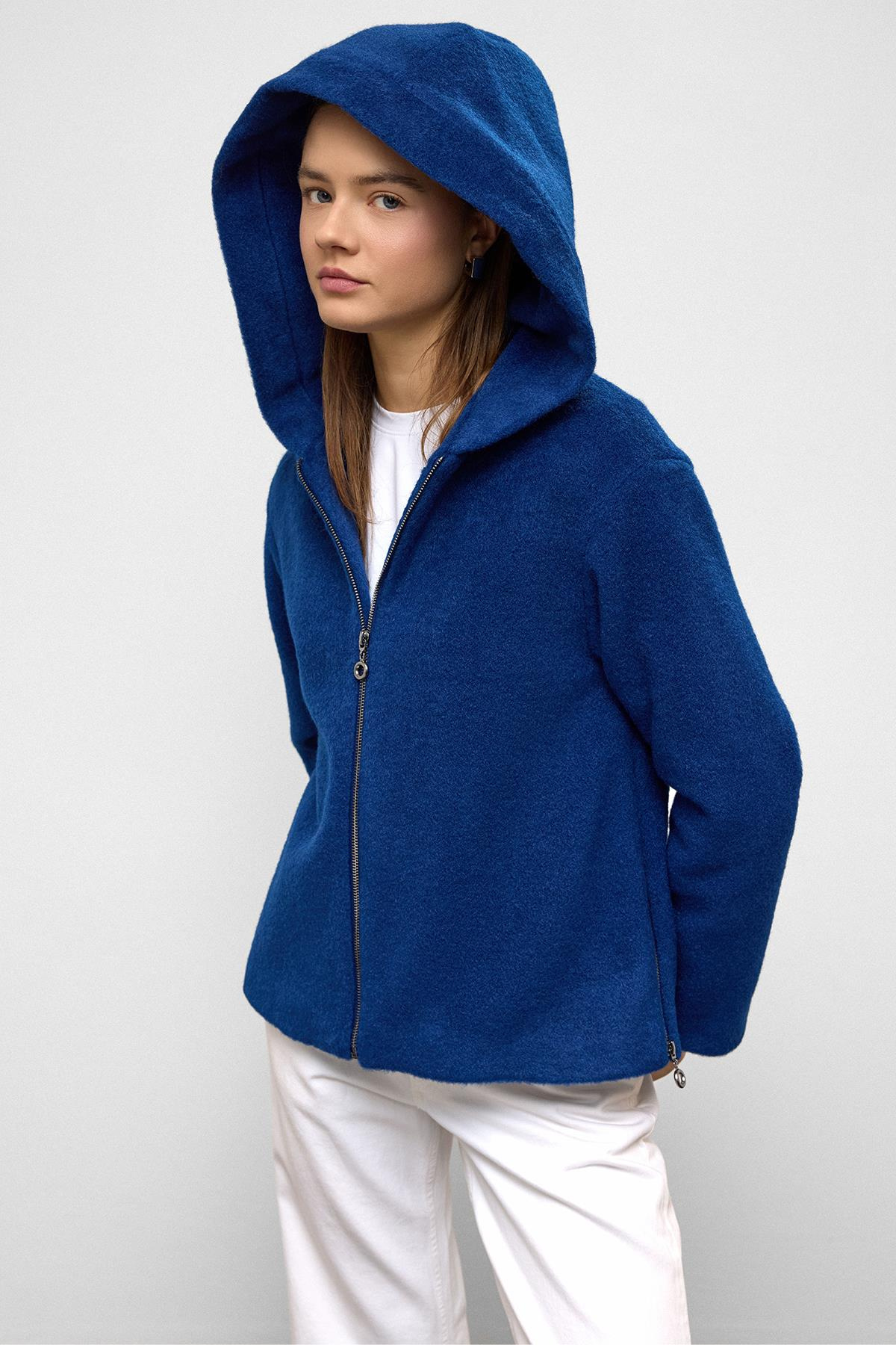 Kapüşonlu Fermuar Detaylı Oversize Kısa Kaban SAKS 3130