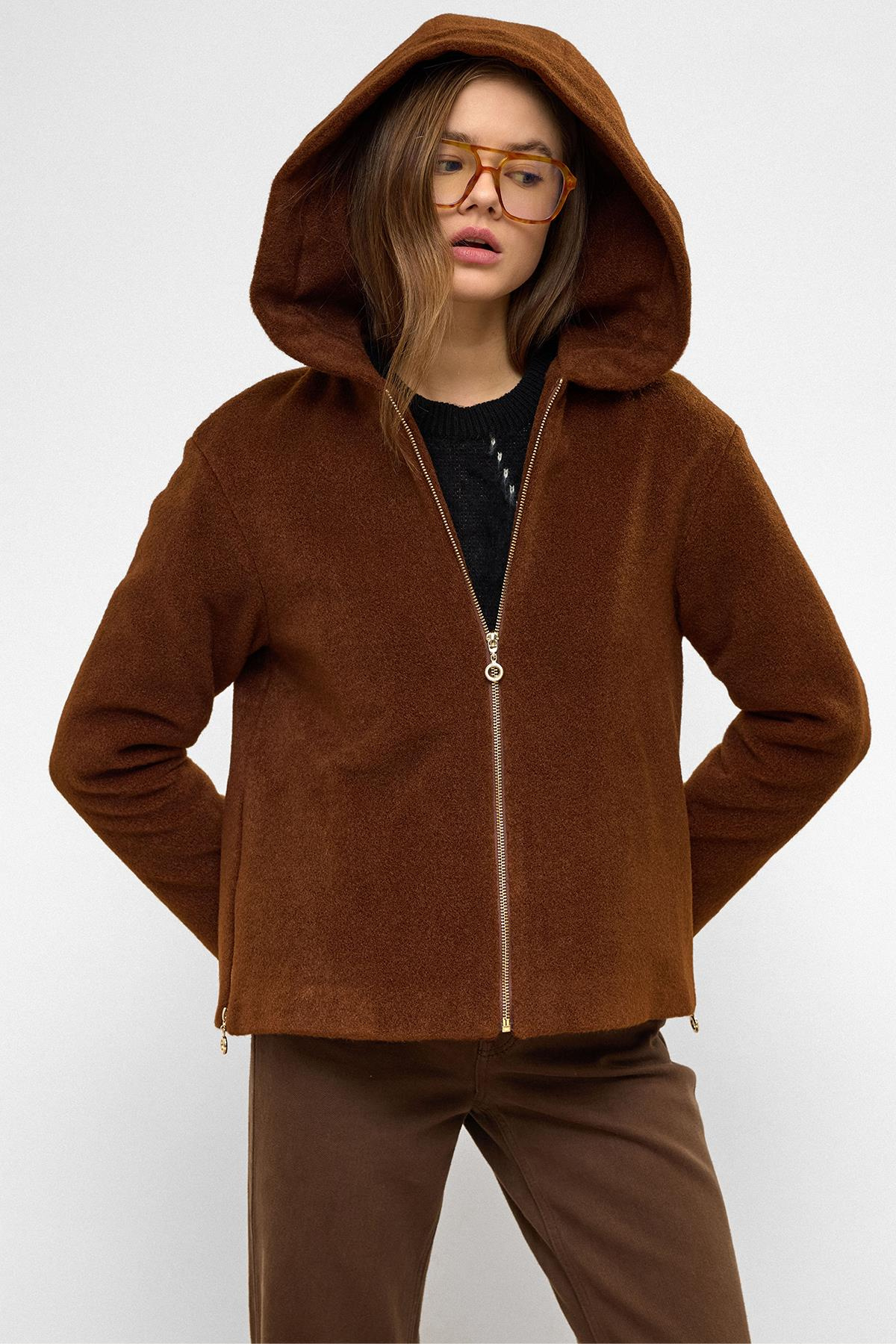 Kapüşonlu Fermuar Detaylı Oversize Kısa Kaban KAHVE 3130