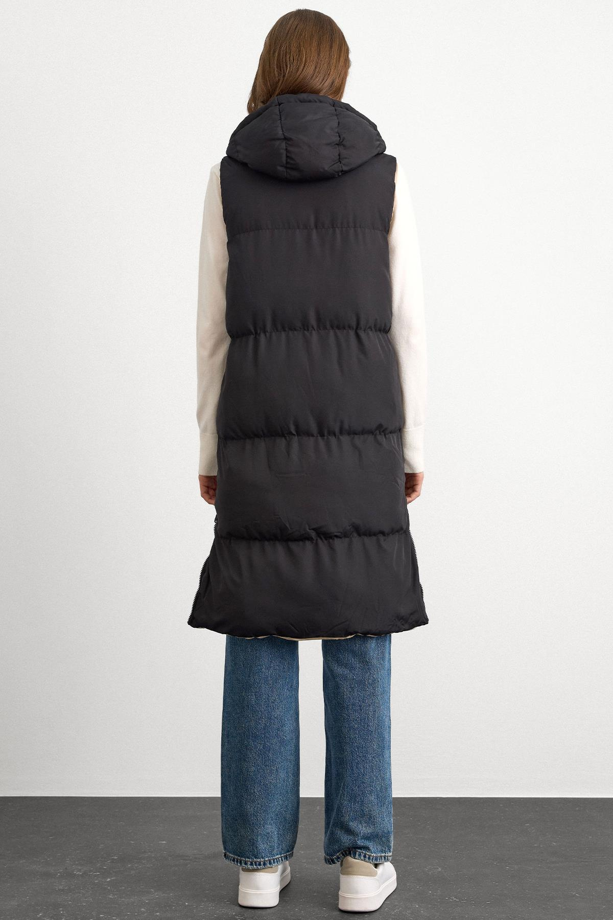 Kapüşonlu Fermuar Kapamalı Çift Taraflı Şişme Yelek SİYAH-TAŞ 8226