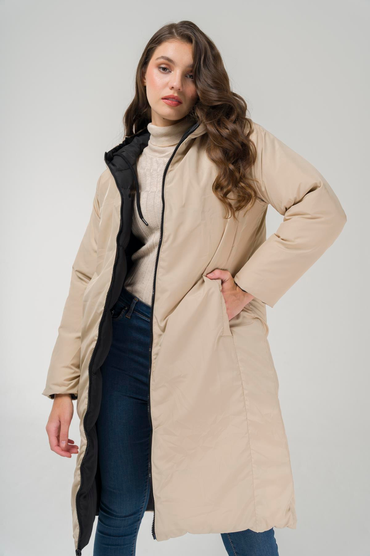 Kapüşonlu Fermuar Kapamalı Çift Taraflı Şişme Mont SİYAH-TAŞ 6492