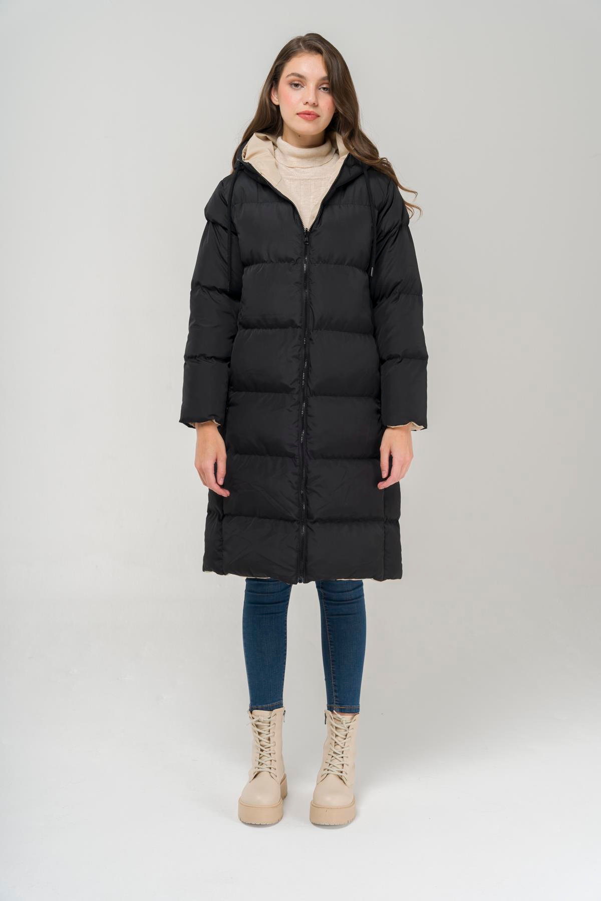 Kapüşonlu Fermuar Kapamalı Çift Taraflı Şişme Mont SİYAH-TAŞ 6492