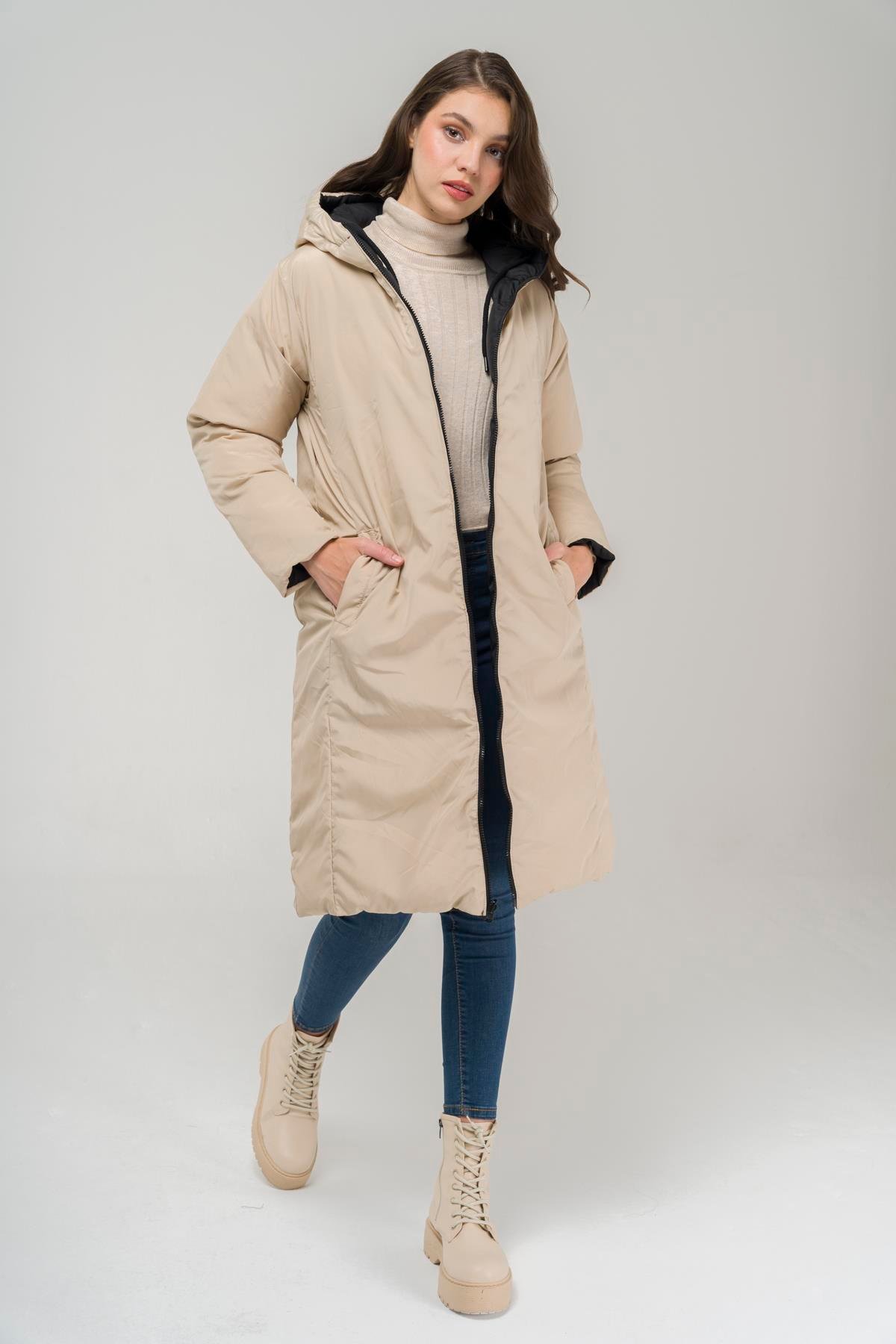 Kapüşonlu Fermuar Kapamalı Çift Taraflı Şişme Mont SİYAH-TAŞ 6492