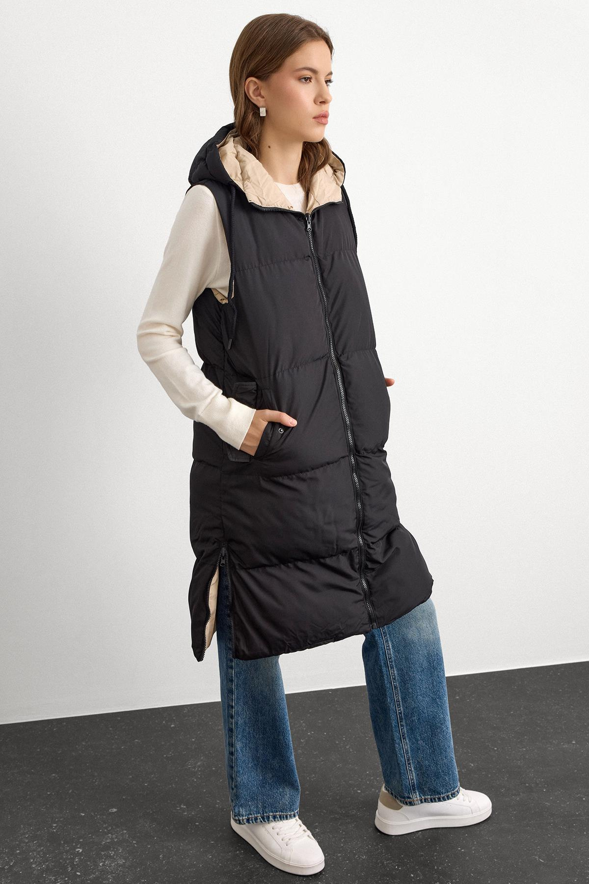 Kapüşonlu Fermuar Kapamalı Çift Taraflı Şişme Yelek SİYAH-TAŞ 8226