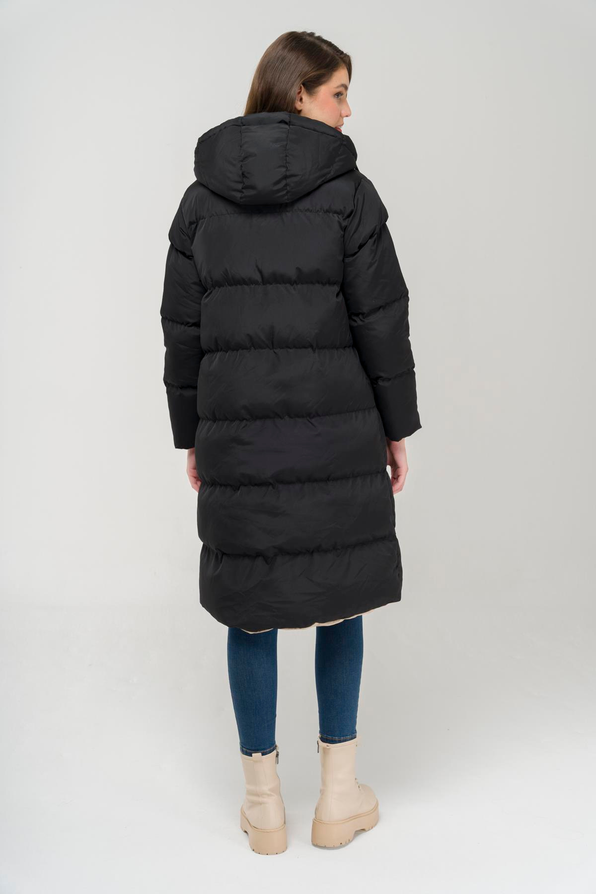 Kapüşonlu Fermuar Kapamalı Çift Taraflı Şişme Mont SİYAH-TAŞ 6492