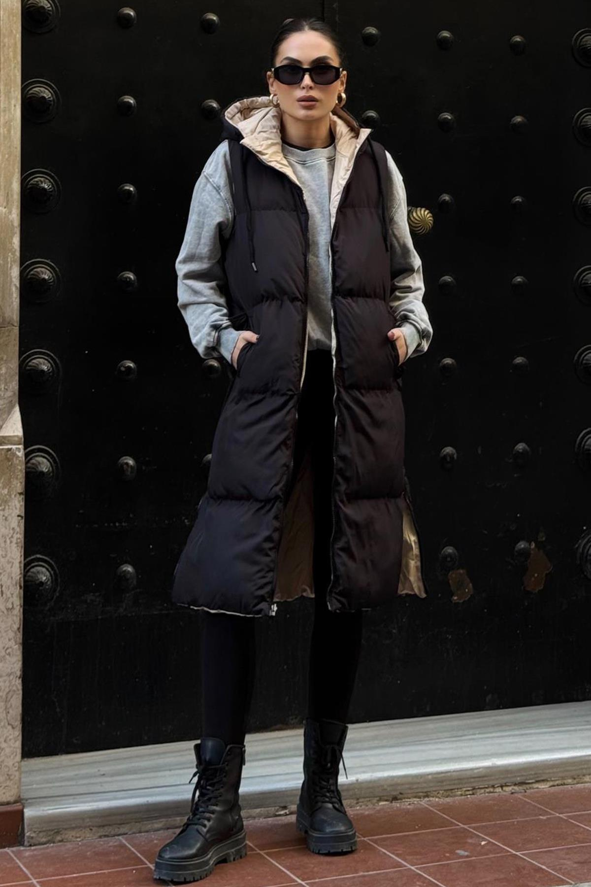 Kapüşonlu Fermuar Kapamalı Çift Taraflı Şişme Yelek SİYAH-TAŞ 8226