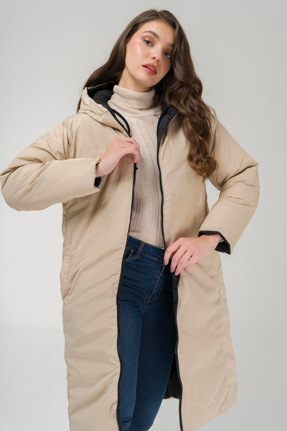 Kapüşonlu Fermuar Kapamalı Çift Taraflı Şişme Mont SİYAH-TAŞ 6492