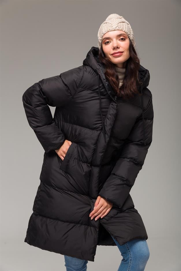 Hooded Zippered Puffer Jacket BLACK 6225