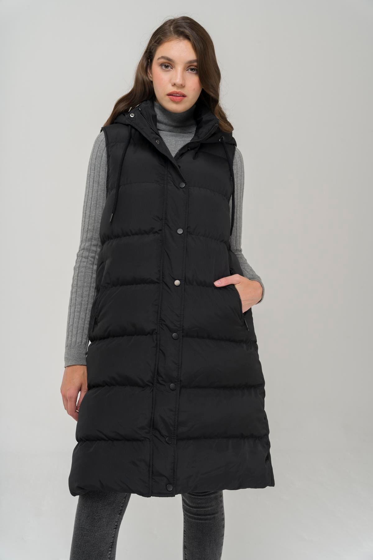 Kapüşonlu Fermuar Kapamalı Şişme Yelek SİYAH 8225