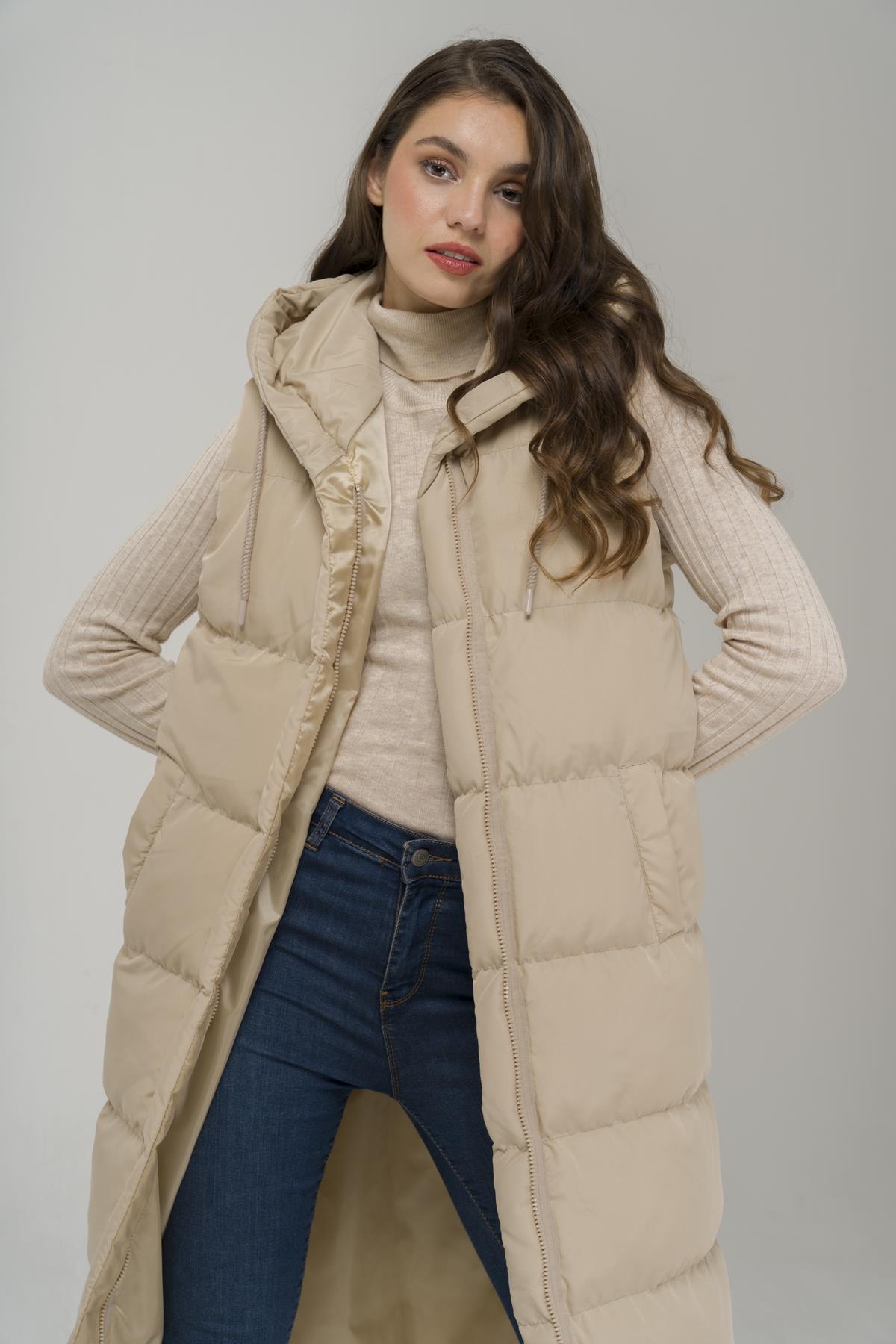 Kapüşonlu Fermuar Kapamalı Uzun Şişme Yelek TAŞ 8224