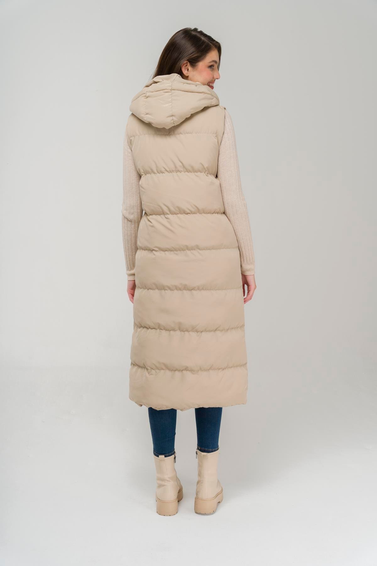 Kapüşonlu Fermuar Kapamalı Uzun Şişme Yelek TAŞ 8224