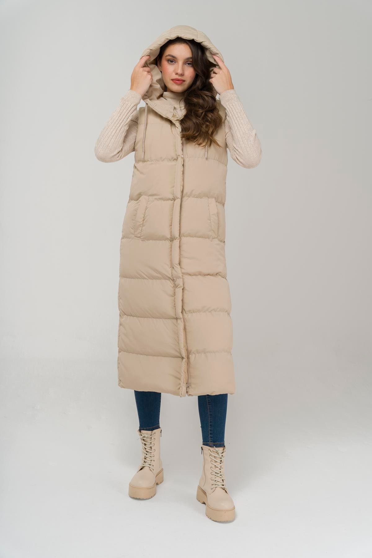 Kapüşonlu Fermuar Kapamalı Uzun Şişme Yelek TAŞ 8224