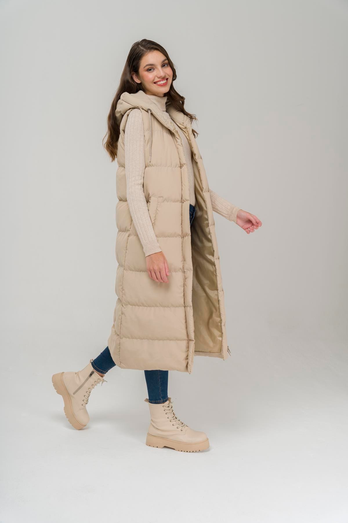 Kapüşonlu Fermuar Kapamalı Uzun Şişme Yelek TAŞ 8224