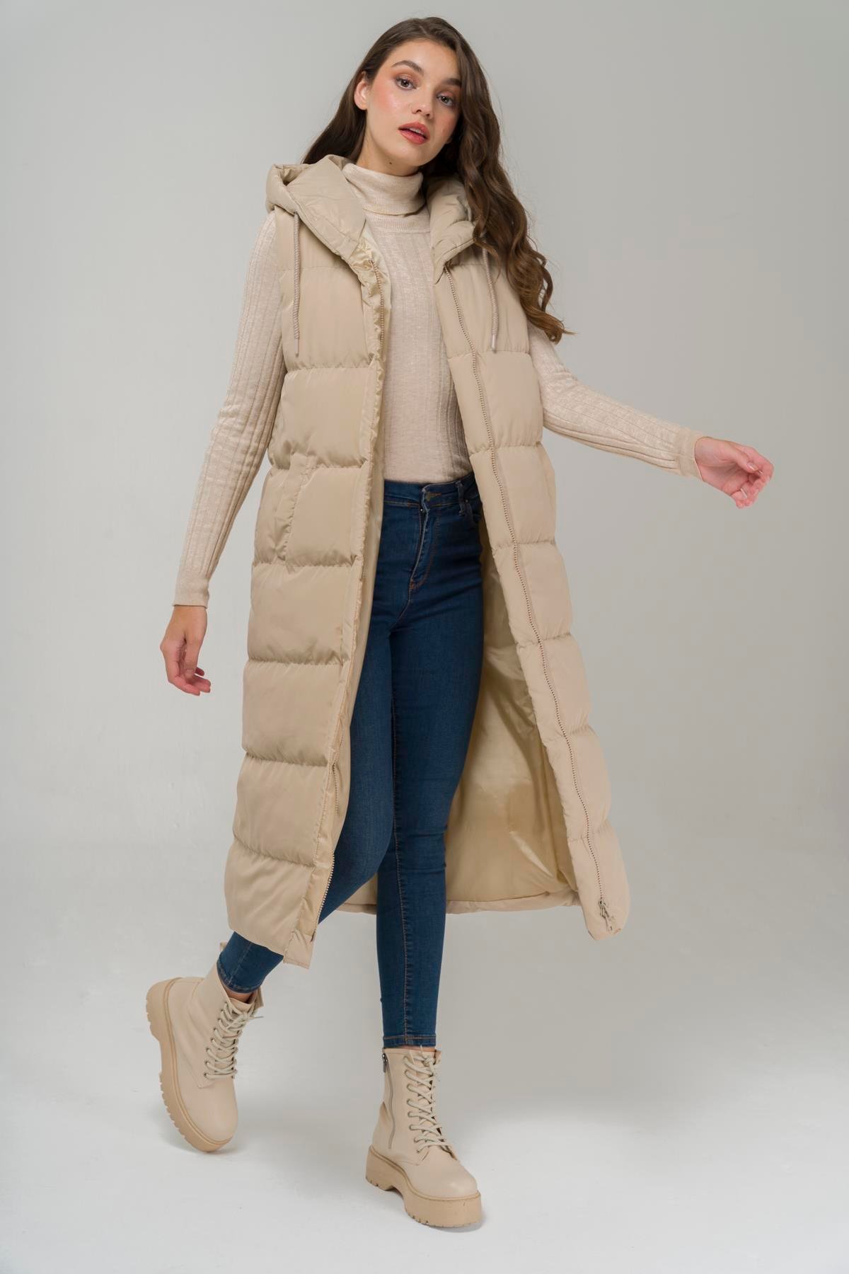 Kapüşonlu Fermuar Kapamalı Uzun Şişme Yelek TAŞ 8224