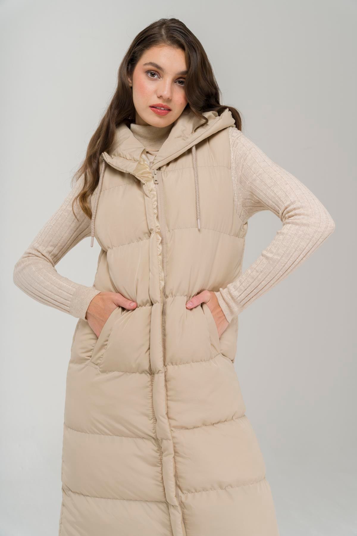 Kapüşonlu Fermuar Kapamalı Uzun Şişme Yelek TAŞ 8224