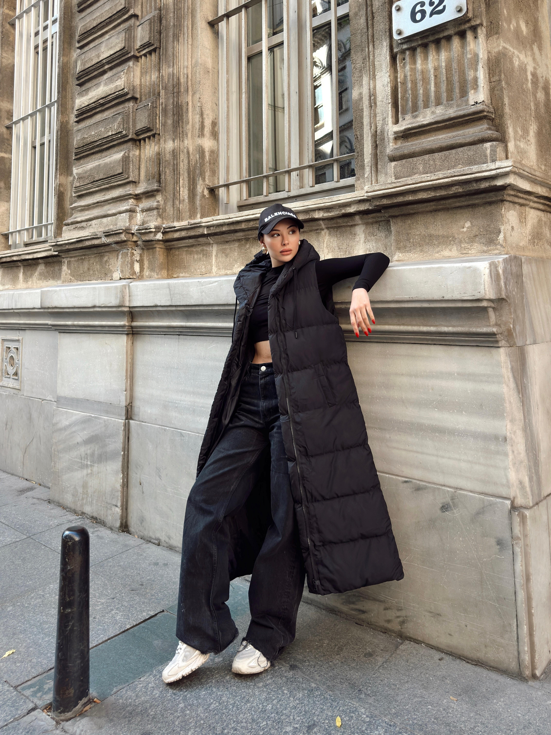 Hooded Zippered Long Puffer Vest BLACK 8224