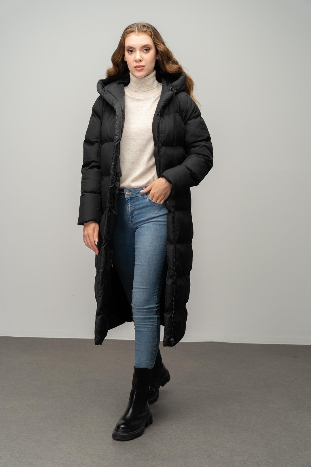 Hooded Zippered Long Puffer Coat BLACK 6667