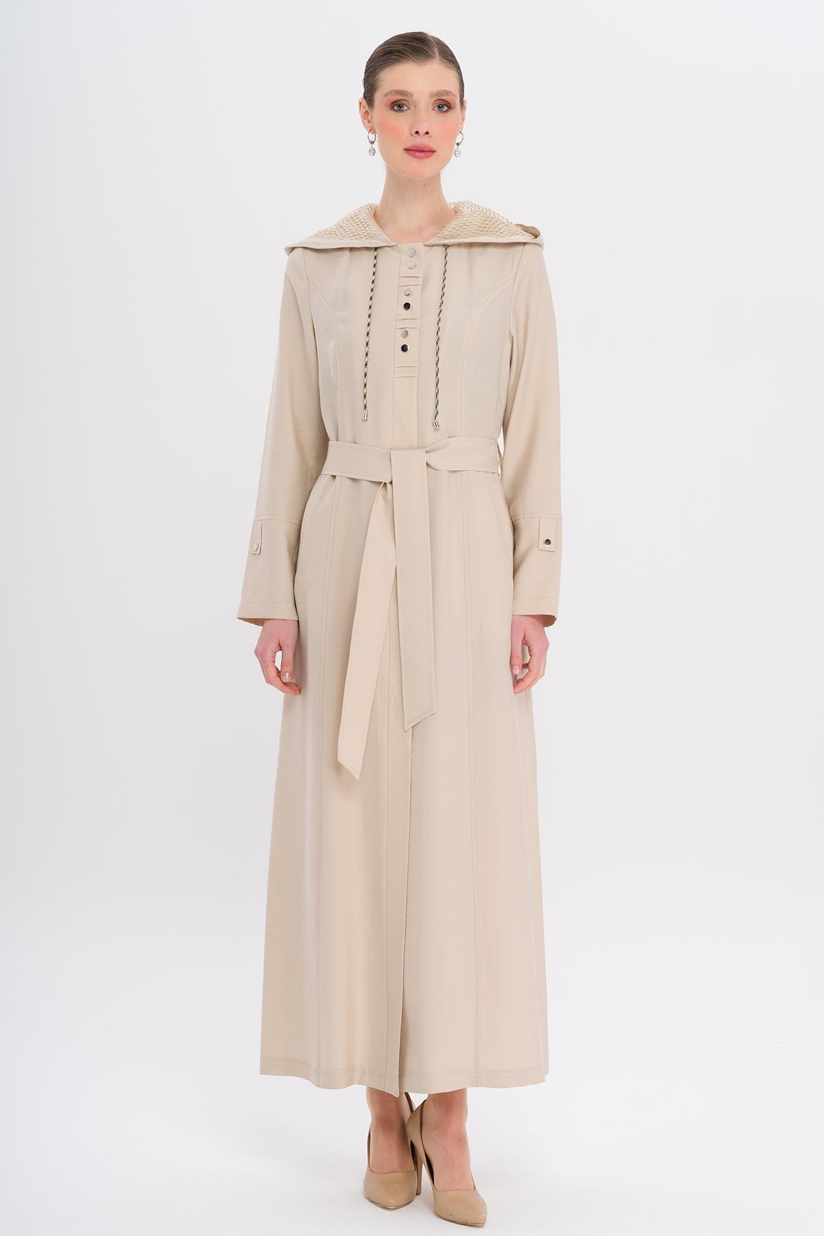 Hooded Mesh and Cord Detailed Unlined Modal Topcoat STONE 6739