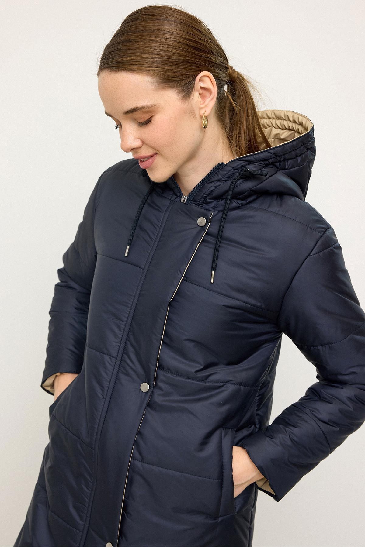 Kapüşonlu Garni Detaylı Kapitone Mont LACİVERT 6782