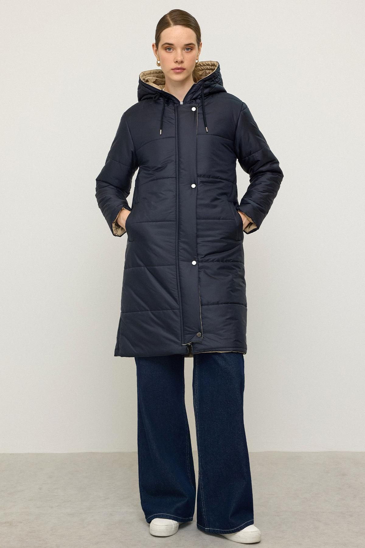 Kapüşonlu Garni Detaylı Kapitone Mont LACİVERT 6782