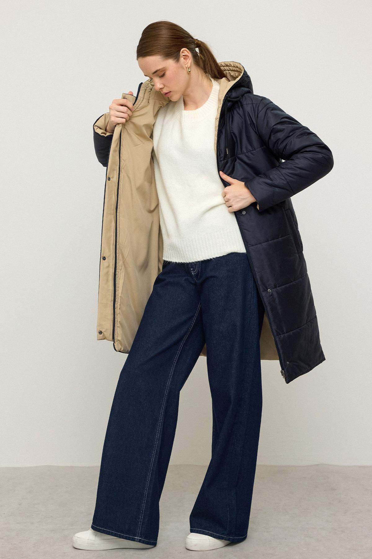 Kapüşonlu Garni Detaylı Kapitone Mont LACİVERT 6782