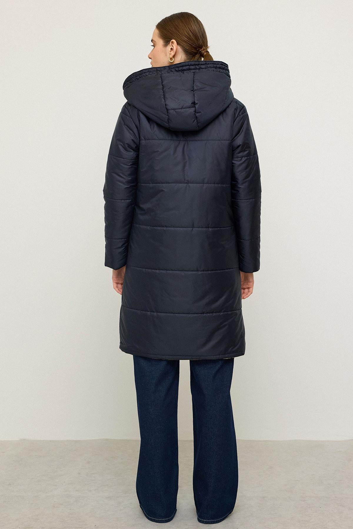 Kapüşonlu Garni Detaylı Kapitone Mont LACİVERT 6782