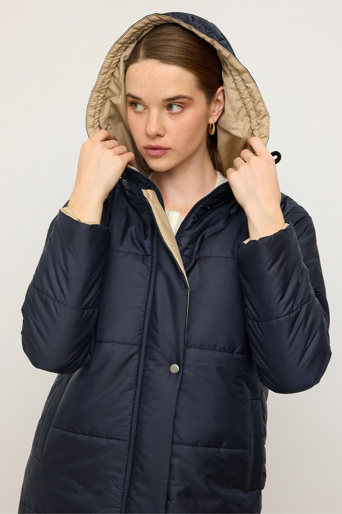 Kapüşonlu Garni Detaylı Kapitone Mont LACİVERT 6782