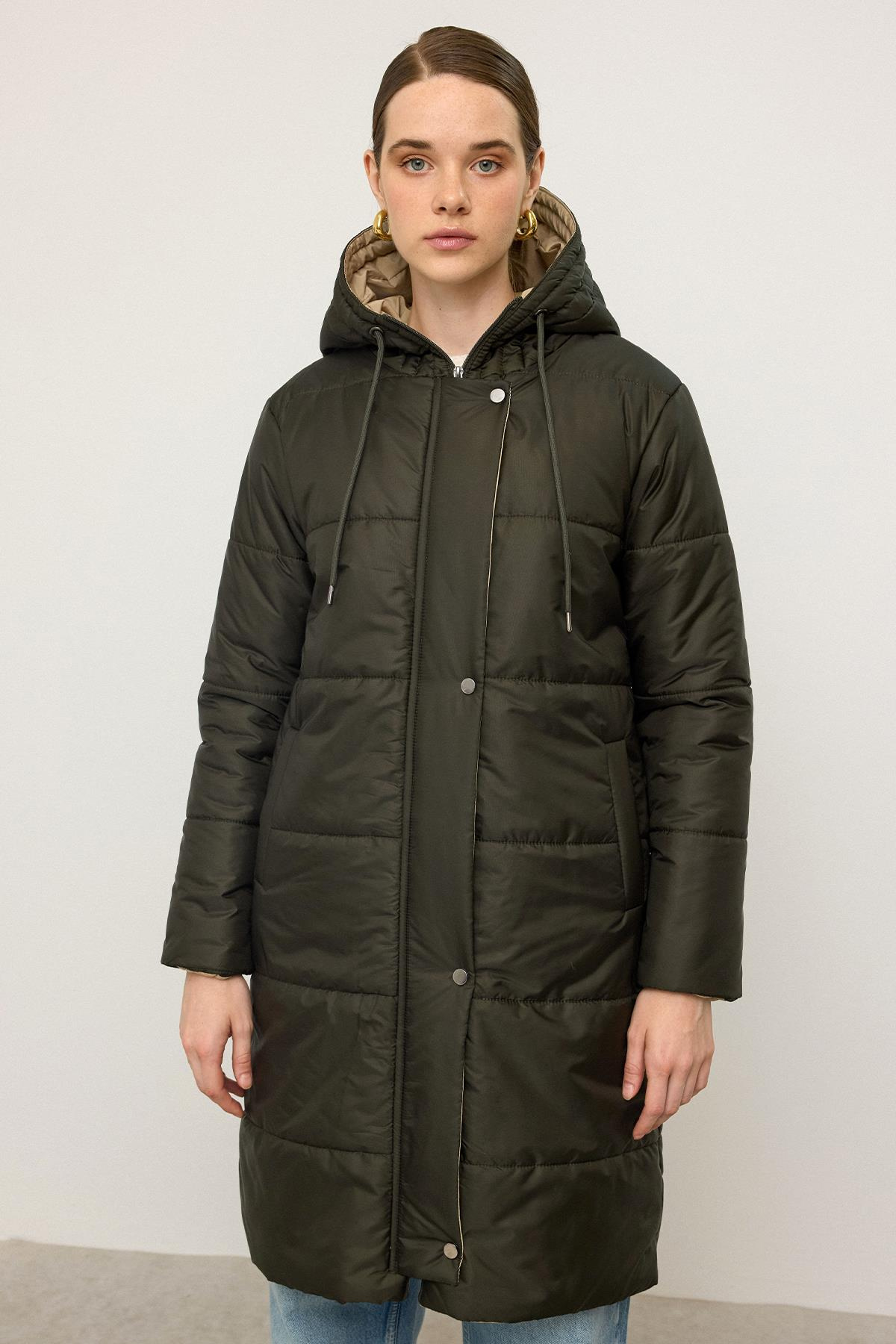 Kapüşonlu Garni Detaylı Kapitone Mont HAKİ 6782