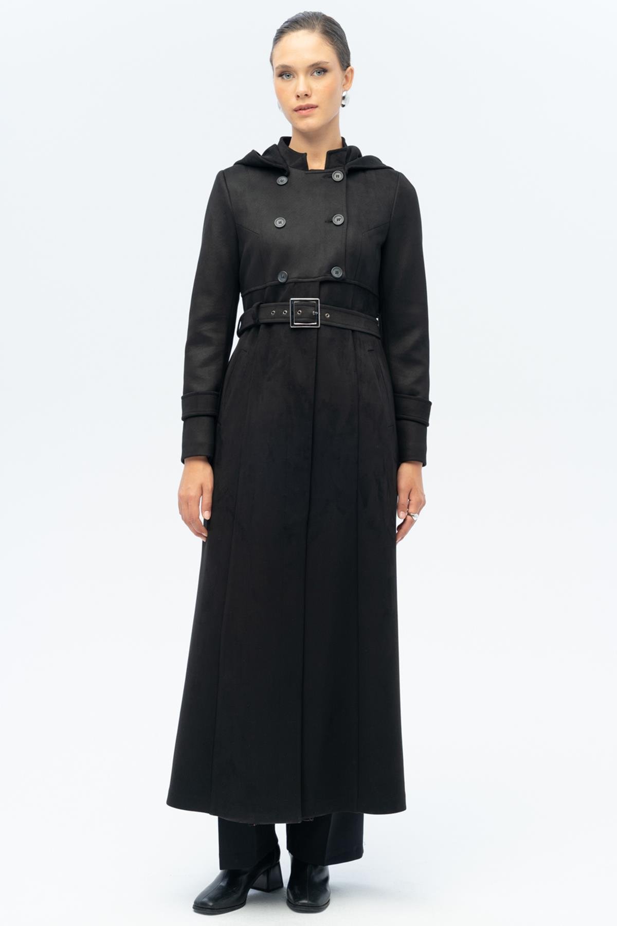 Kapüşonlu Garni Detaylı Süet Görünümlü Pardesü SİYAH 6677