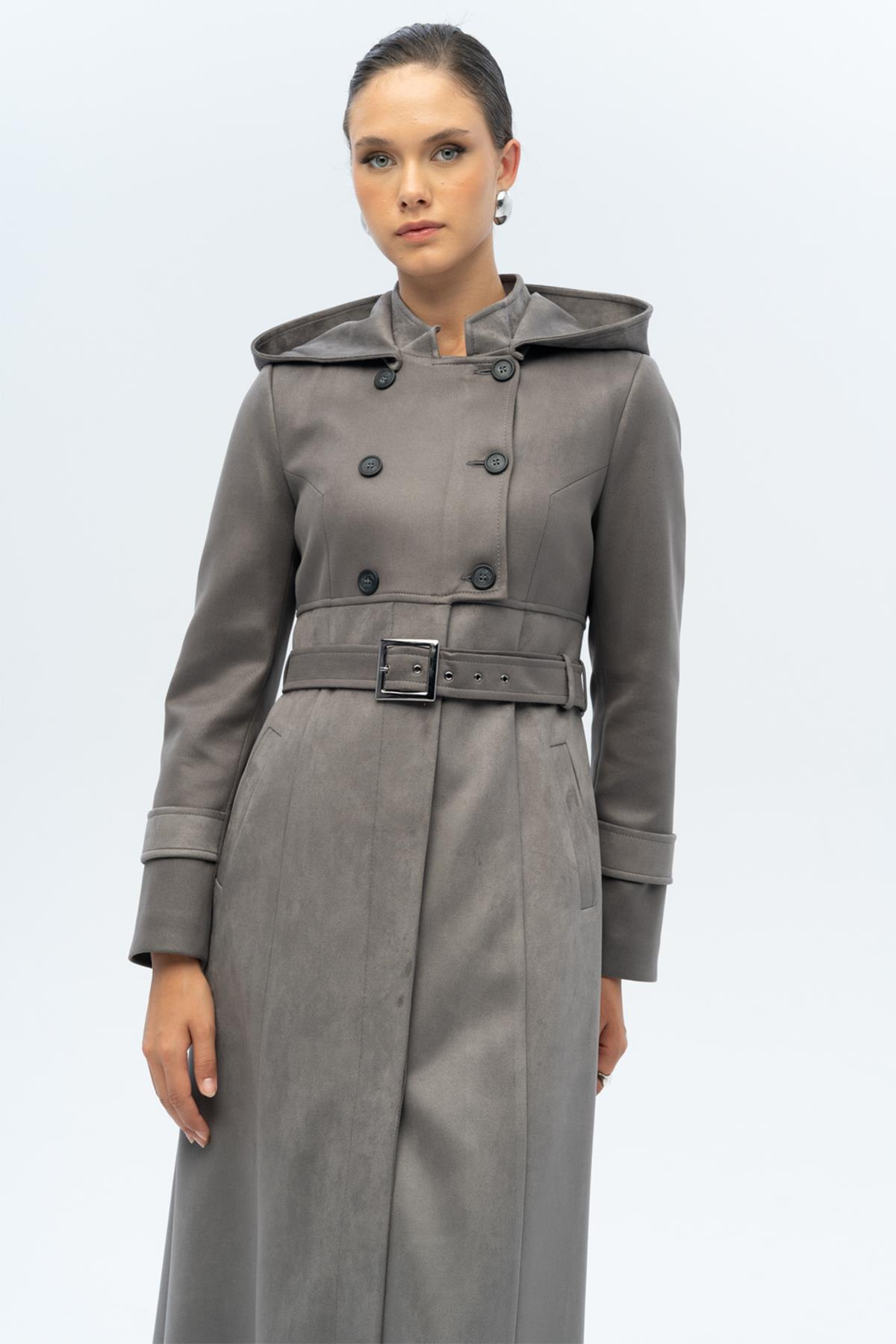 Kapüşonlu Garni Detaylı Süet Görünümlü Pardesü GRİ 6677