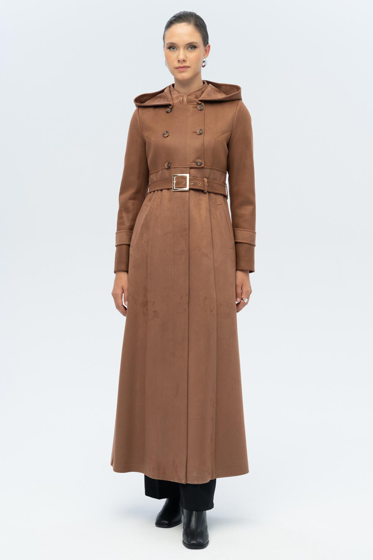 Kapüşonlu Garni Detaylı Süet Görünümlü Pardesü TABA 6677