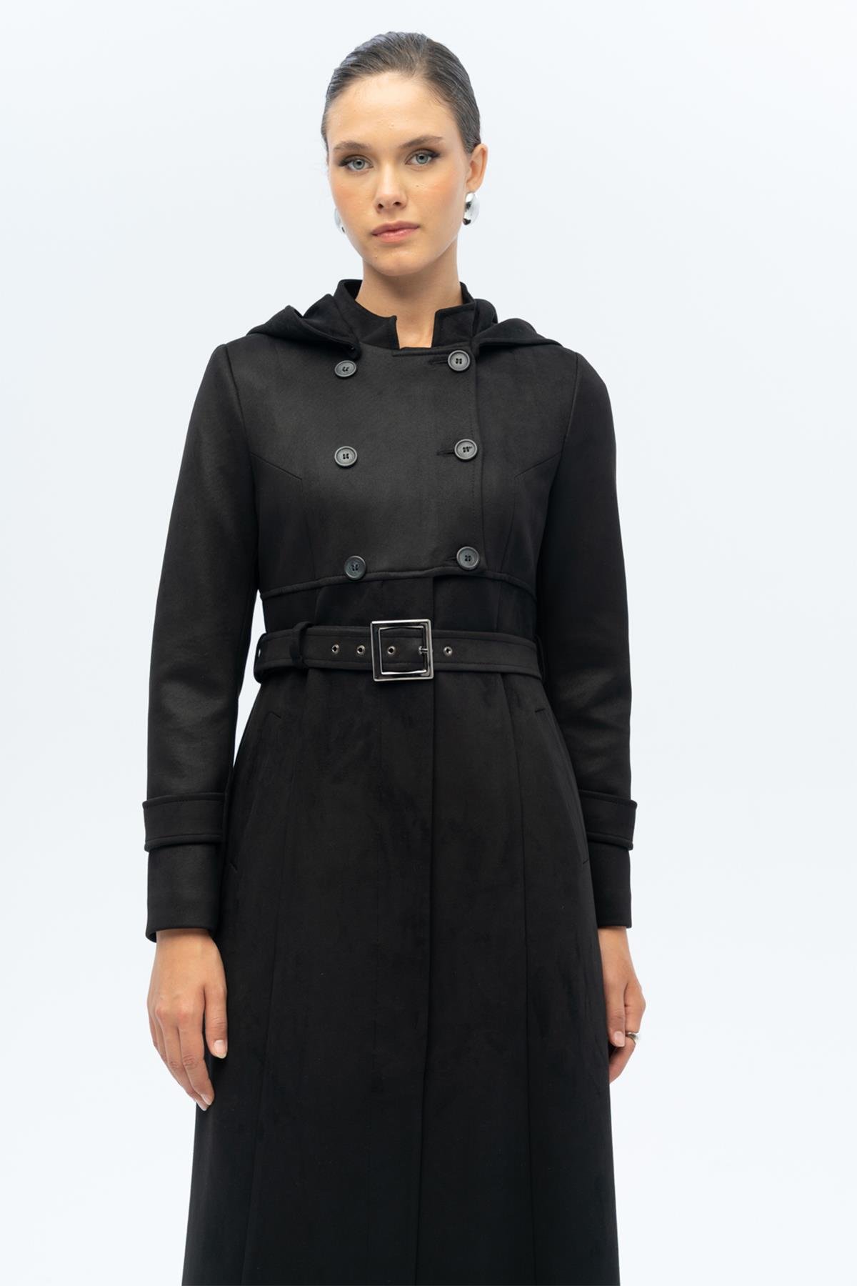 Kapüşonlu Garni Detaylı Süet Görünümlü Pardesü SİYAH 6677