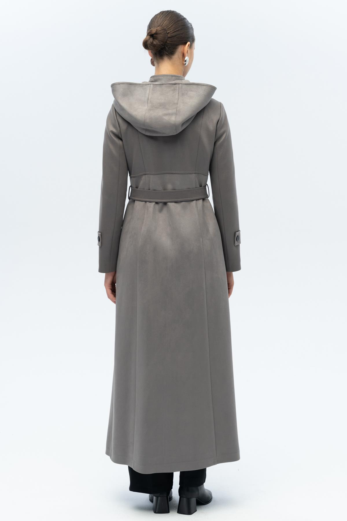 Kapüşonlu Garni Detaylı Süet Görünümlü Pardesü GRİ 6677