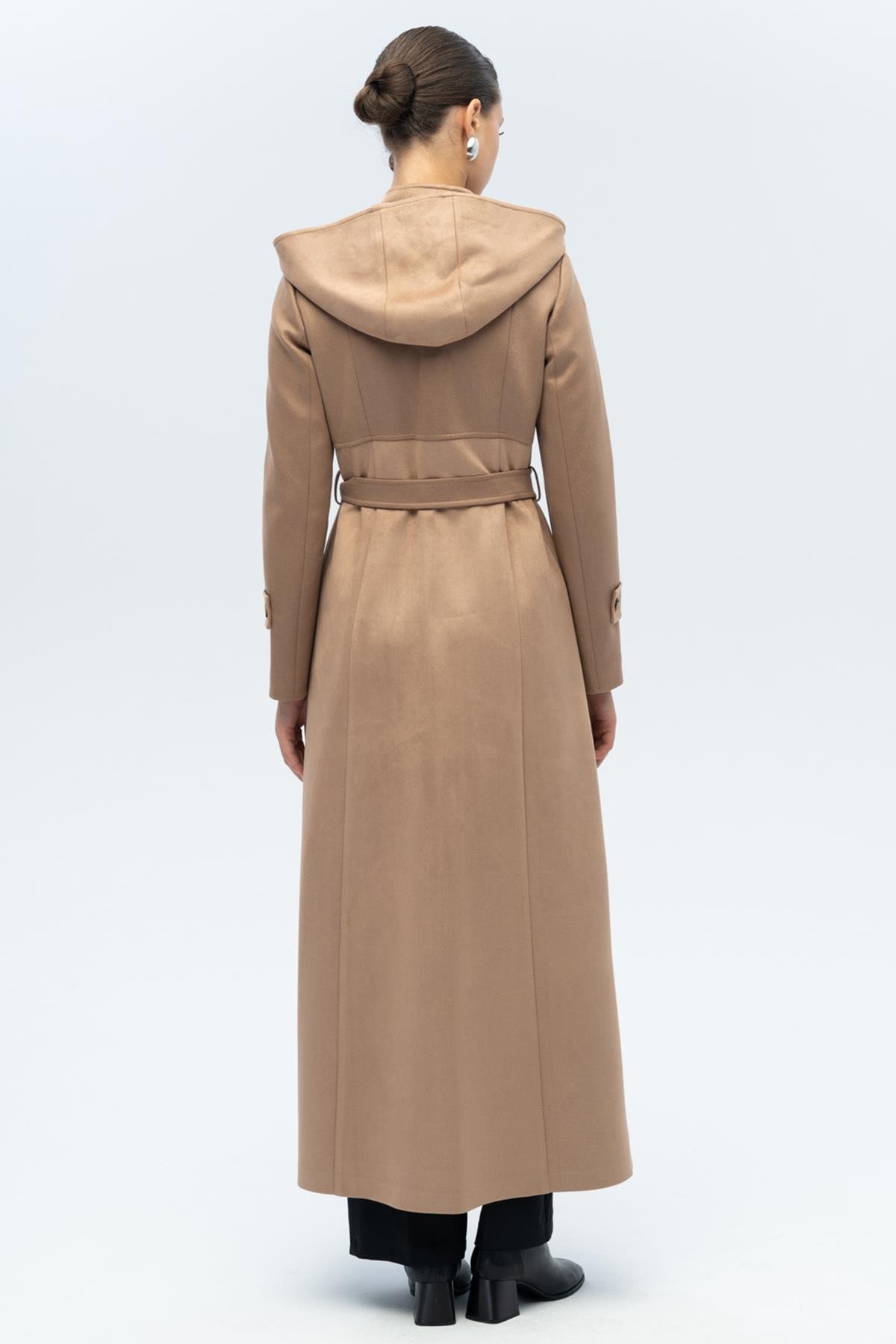 Kapüşonlu Garni Detaylı Süet Görünümlü Pardesü K. KAMEL 6677