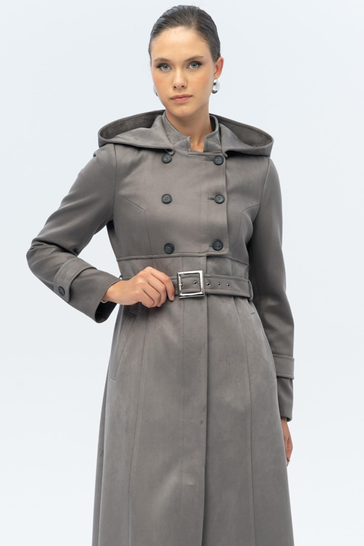 Kapüşonlu Garni Detaylı Süet Görünümlü Pardesü GRİ 6677