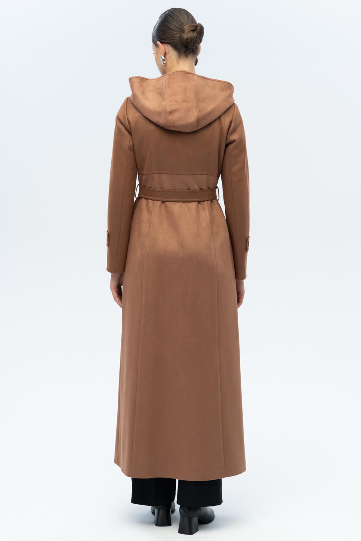 Kapüşonlu Garni Detaylı Süet Görünümlü Pardesü TABA 6677