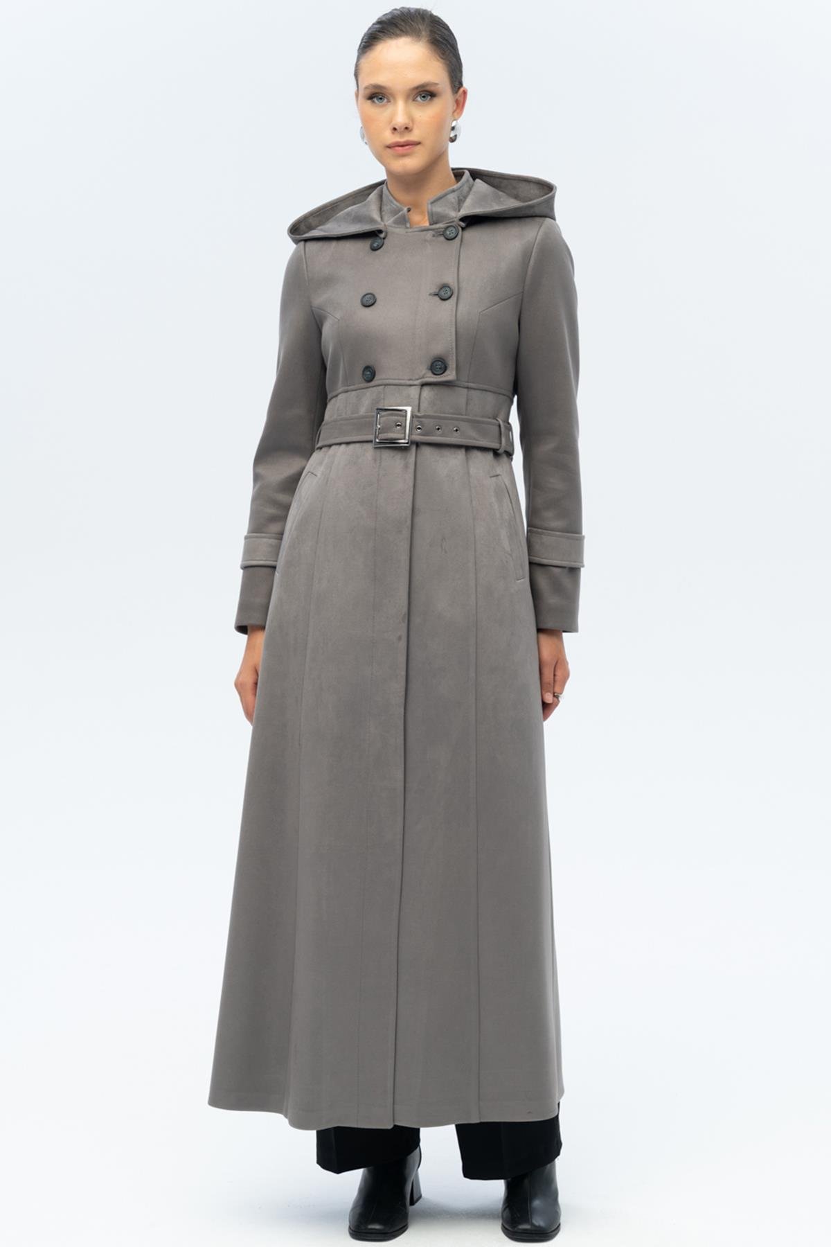 Kapüşonlu Garni Detaylı Süet Görünümlü Pardesü GRİ 6677