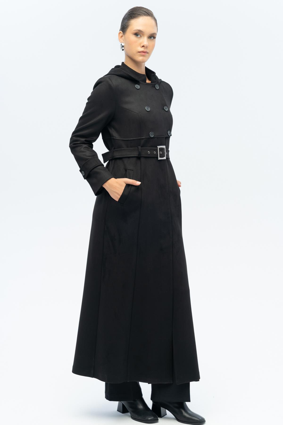 Kapüşonlu Garni Detaylı Süet Görünümlü Pardesü SİYAH 6677