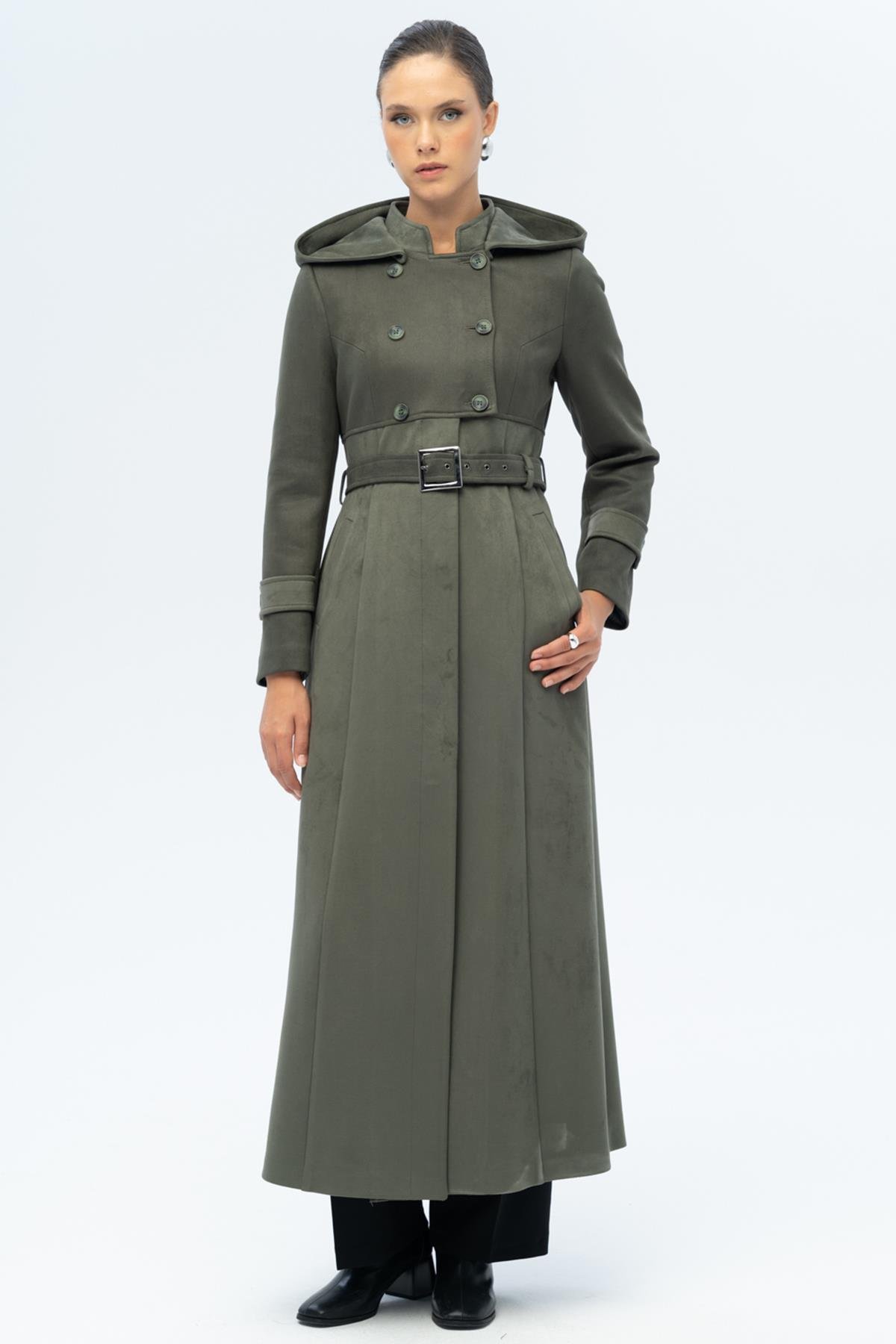 Kapüşonlu Garni Detaylı Süet Görünümlü Pardesü A.HAKİ 6677