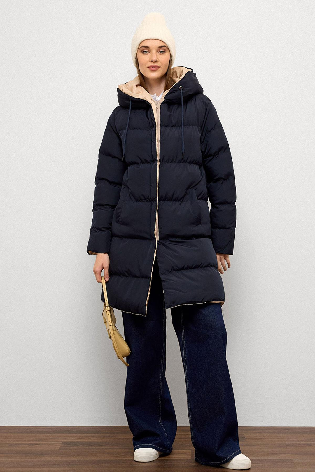 Kapüşonlu İki Renkli Çift Taraflı Şişme Mont LACİ-TAŞ 5371