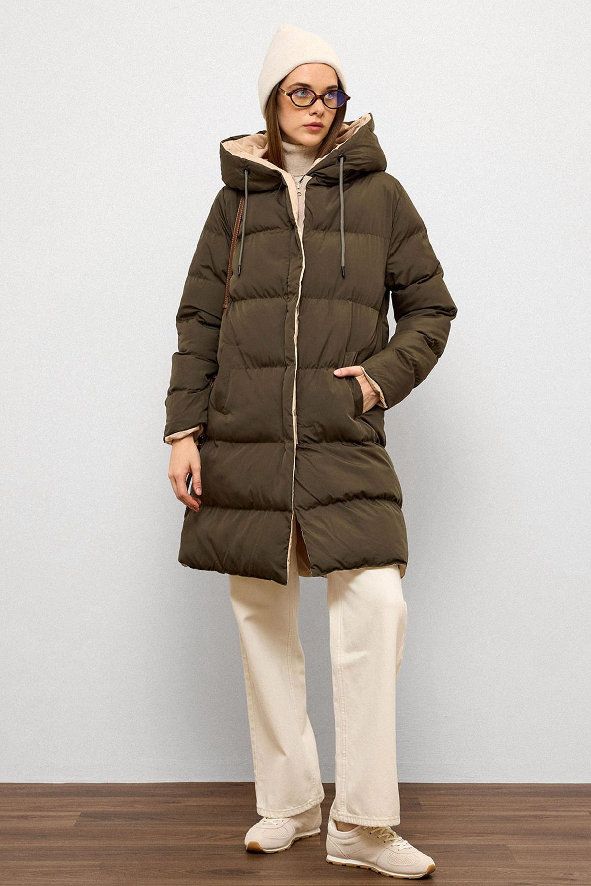 Kapüşonlu İki Renkli Çift Taraflı Şişme Mont HAKİ-TAŞ 5371