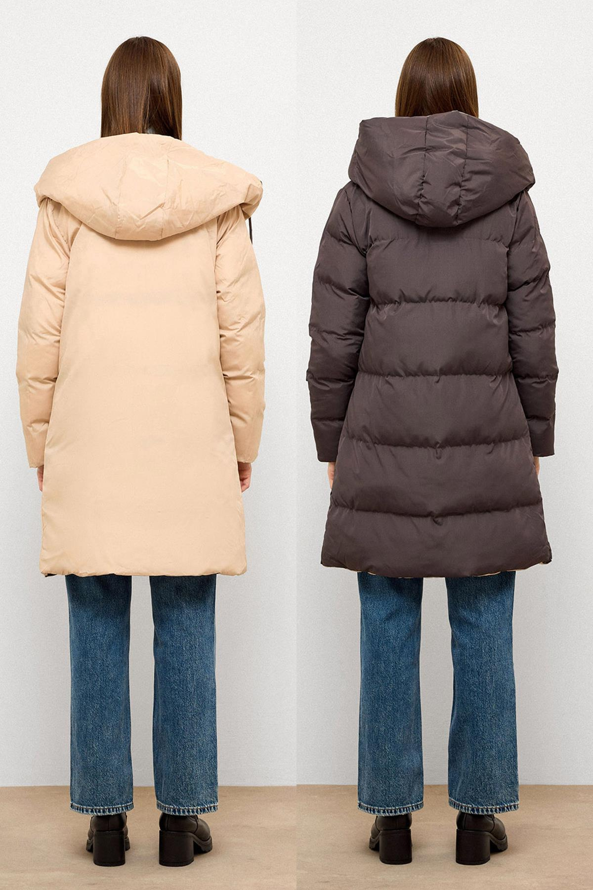 Kapüşonlu İki Renkli Çift Taraflı Şişme Mont GRİ-TAŞ 5371