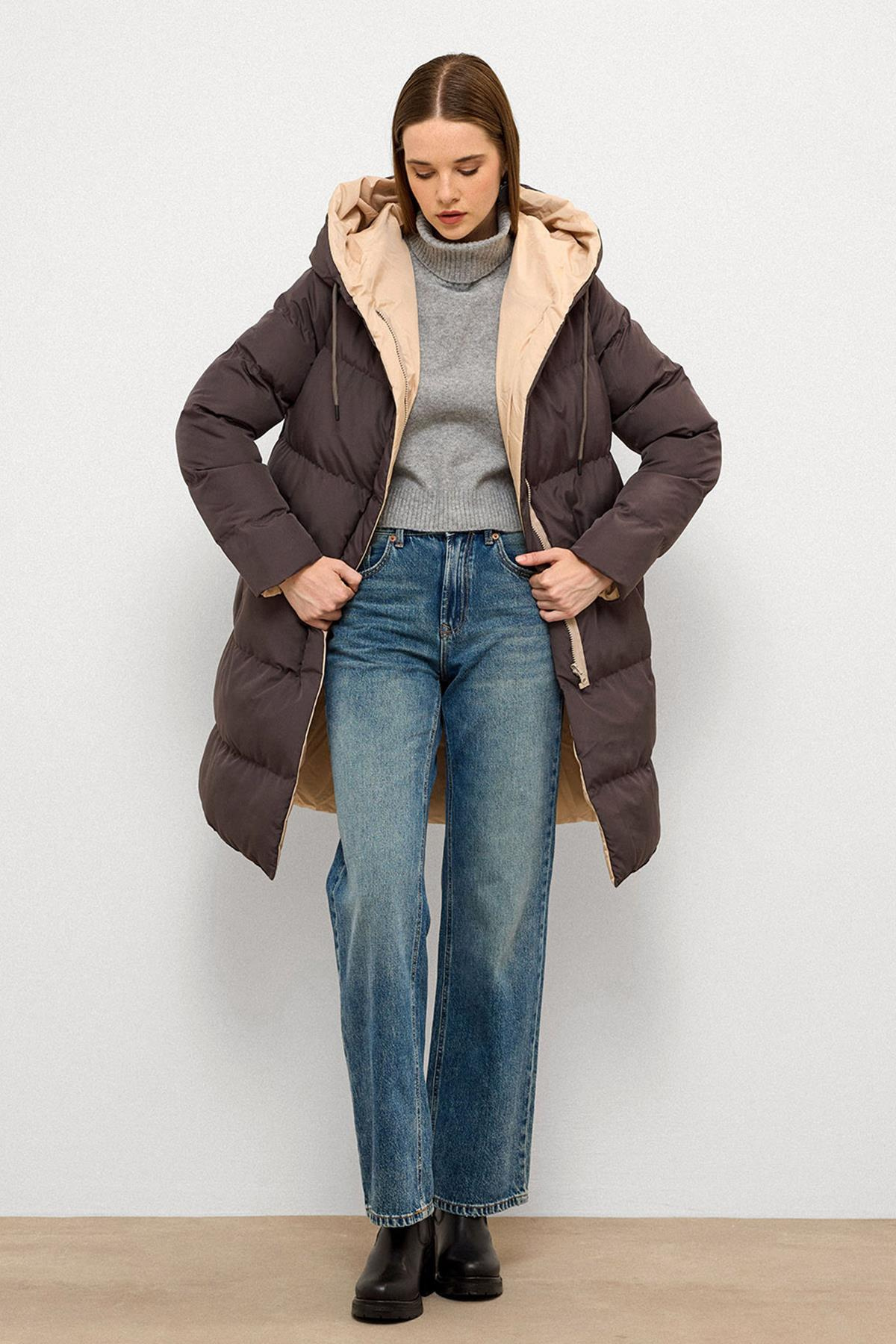 Kapüşonlu İki Renkli Çift Taraflı Şişme Mont GRİ-TAŞ 5371