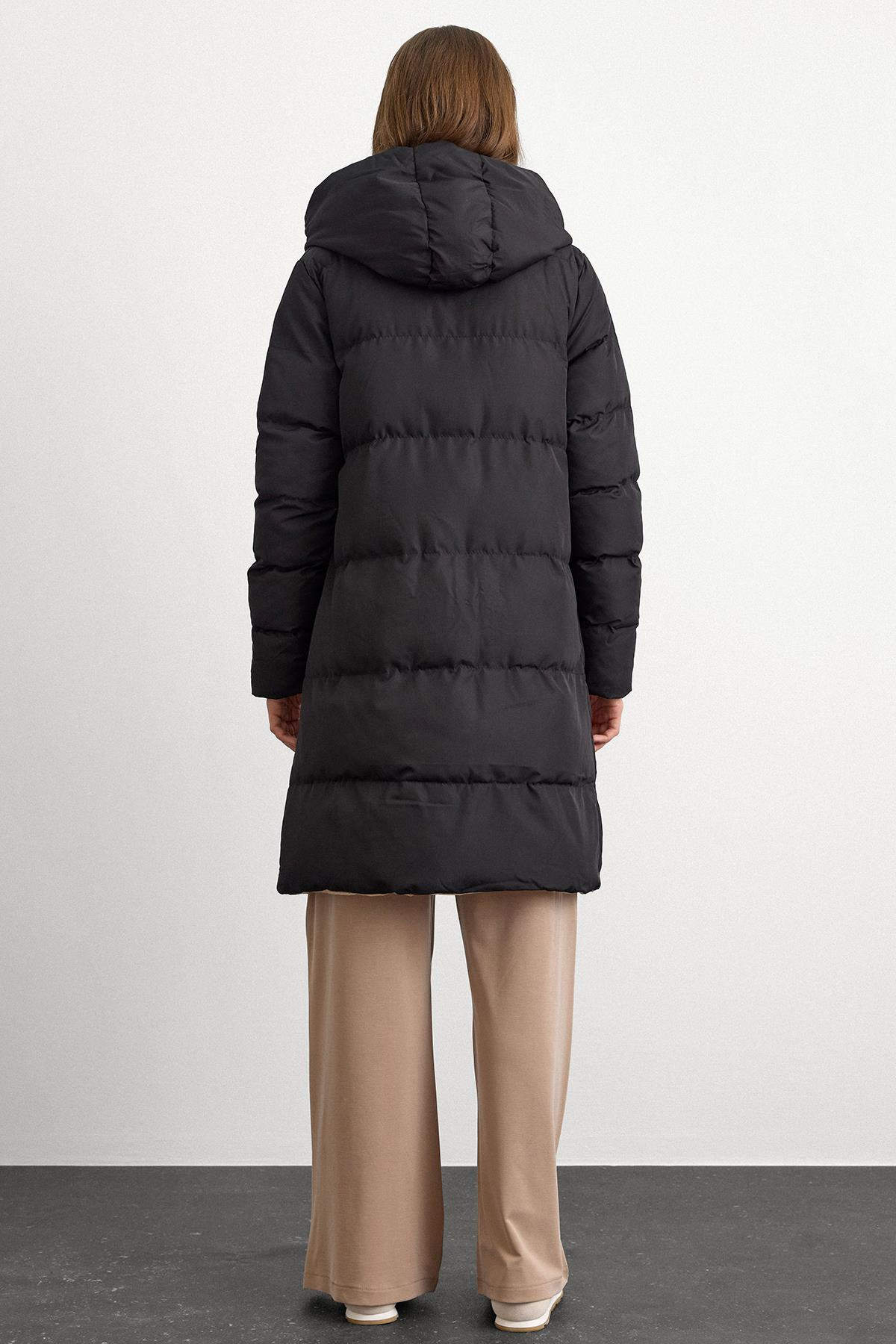 Kapüşonlu İki Renkli Çift Taraflı Şişme Mont SİYAH-TAŞ 5371