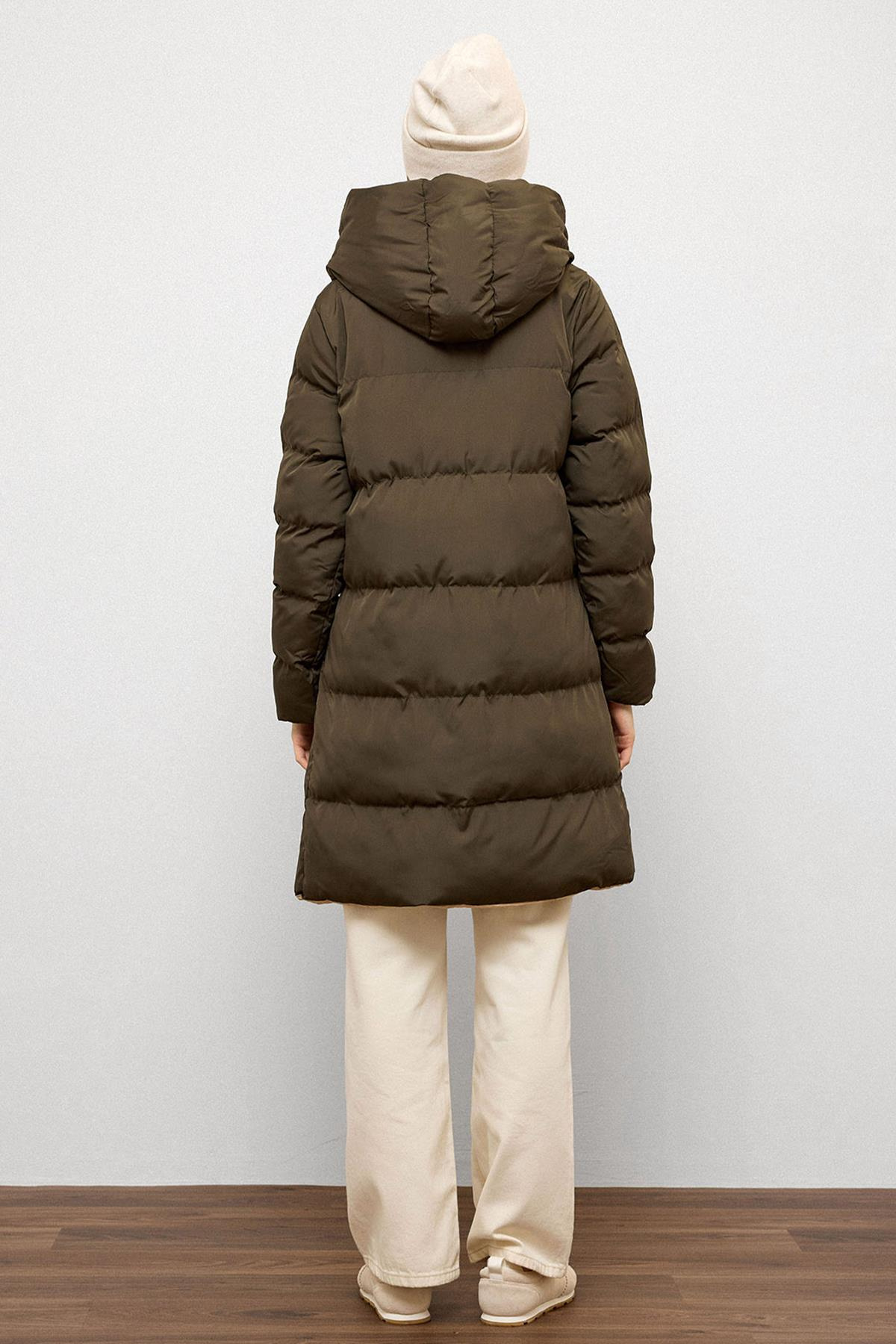 Kapüşonlu İki Renkli Çift Taraflı Şişme Mont HAKİ-TAŞ 5371