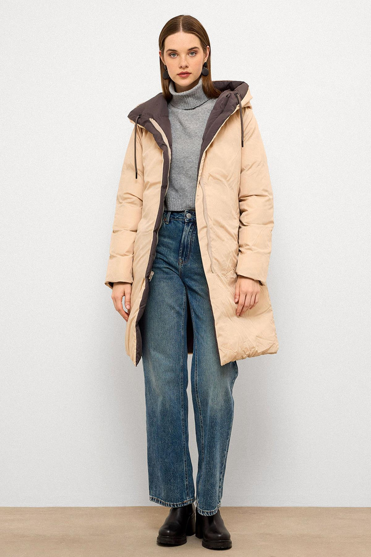 Kapüşonlu İki Renkli Çift Taraflı Şişme Mont GRİ-TAŞ 5371