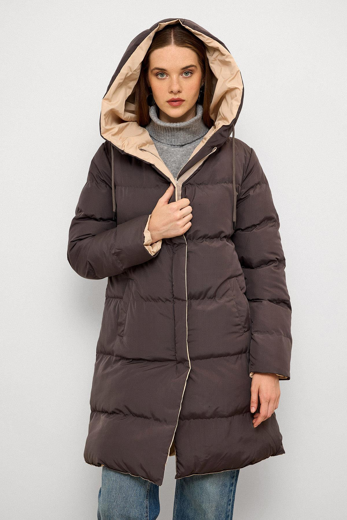 Kapüşonlu İki Renkli Çift Taraflı Şişme Mont GRİ-TAŞ 5371