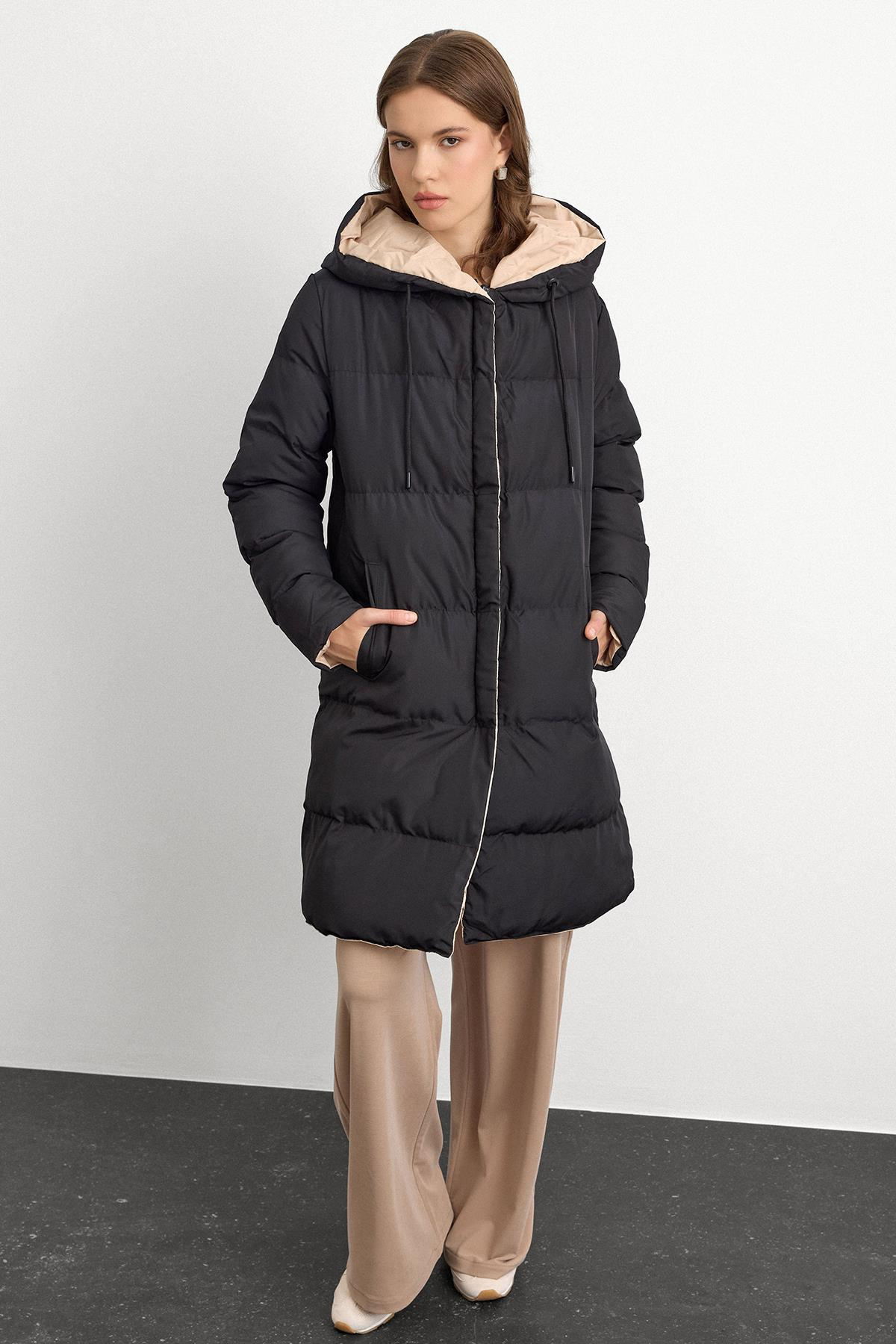 Kapüşonlu İki Renkli Çift Taraflı Şişme Mont SİYAH-TAŞ 5371