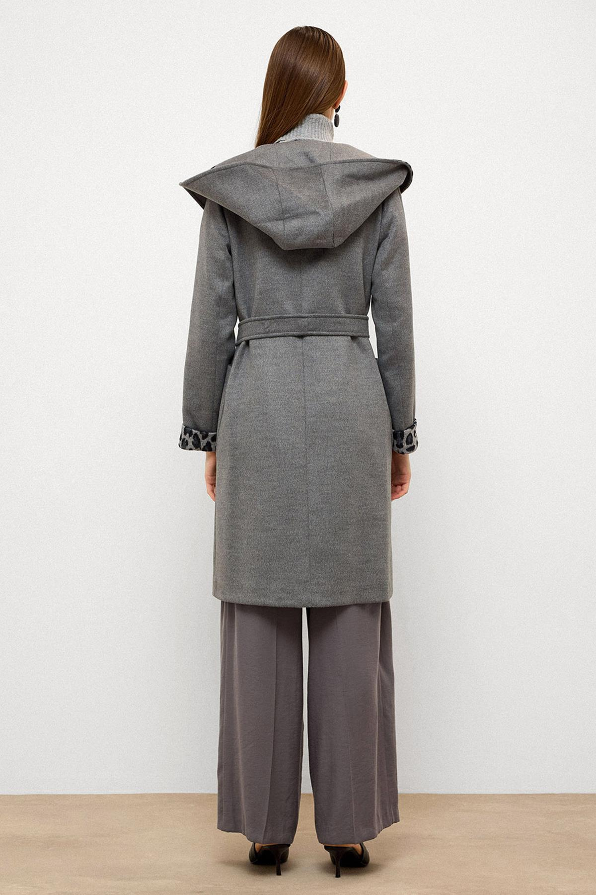 Kapüşonlu Leopar Desen Garnili Torba Cepli Kaban KOYU GRİ 3123