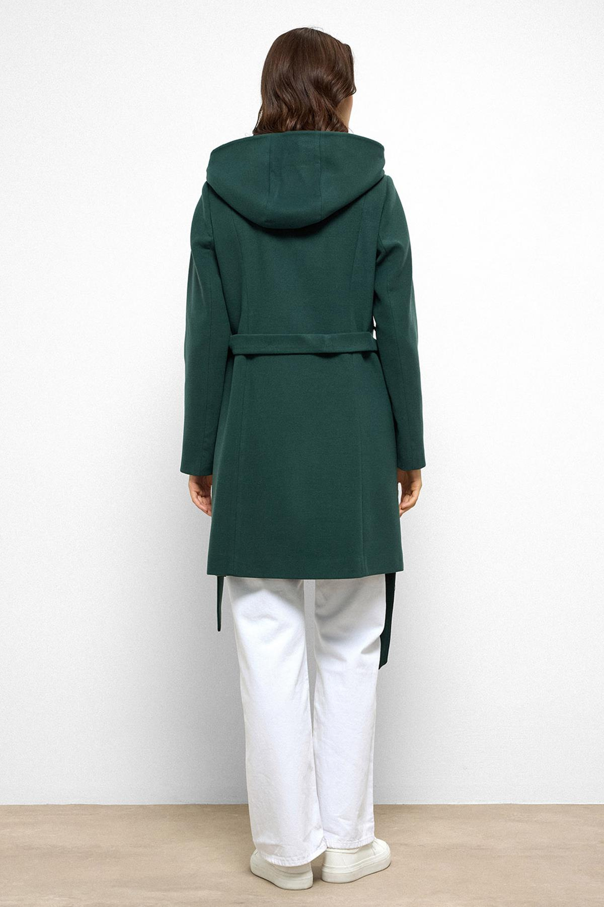 Kapüşonlu Pelerin Detaylı Kaban YEŞİL 3109